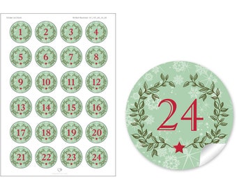 Weihnachtsaufkleber Adventskalenderzahlen zur Weihnachtsdekoration von Geschenken und Adventskalender 24 Sticker Motiv: Kranz Grün