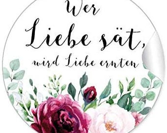 24 Geschenkaufkleber zur Hochzeit "Wer Liebe sät, wird Liebe ernten" Boho grün rot weiß Blütensamen Sticker DIY Tüten, Samen