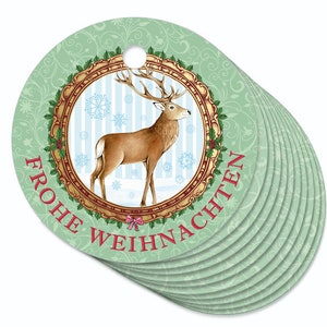 12 TAGS • Merry Christmas Deer Green • Hanging Tags Gift Tags Paper Tags Advent Season Labels