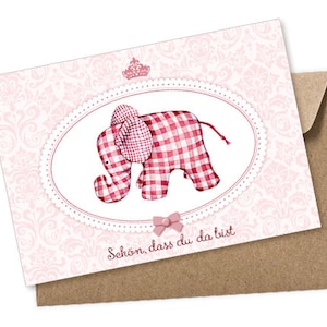 Baby Postkarte Elefant rosa zur Bekanntgabe einer Geburt als Geschenk, Babykarte A6 mit Umschlag