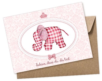 Baby Postkarte Elefant rosa zur Bekanntgabe einer Geburt als Geschenk, Babykarte A6 mit Umschlag