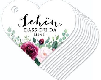 12  HERZANHÄNGER Schön, dass du da bist • Boho Rosen rosa rot • Hängeetikett Papieranhänger Gastgeschenk Hochzeit