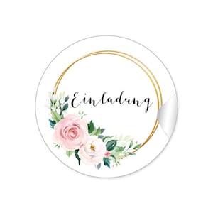 24 Aufkleber EINLADUNG Hochzeit Etiketten für Briefe Einladungskarten Taufe Eukalyptus Rose Greenery Ringe rosa grün gold gelb Boho Style