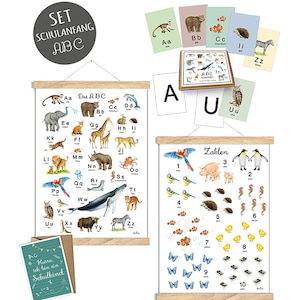 Set: ABC Poster + ZAHLENPOSTER + ALPHABET Karten + Postkarte zum Schulanfang ungerahmt Lernposter Kinderzimmer Waldtiere Kindergarten