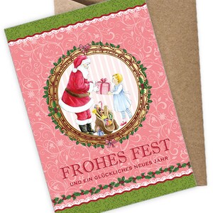 WEIHNACHTSMANN rosa grün Weihnachts POSTKARTE + UMSCHLAG Kraftpapier Weihnachtskarte Heiligabend