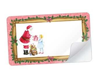 Christmas stickers for decorating gifts, 21 small rectangular stickers - Santa Claus nostalgia pink with free text field