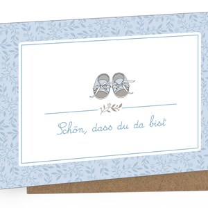 Baby Grußkarte karte zur Bekanntgabe einer Geburt als Geschenk, Babykarte A6 mit Umschlag Motiv:  Schnürchen Blau