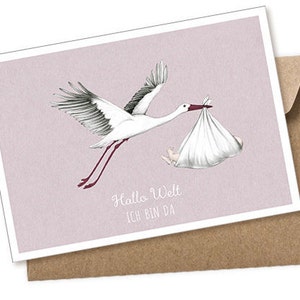 Baby Postkarte zur Bekanntgabe einer Geburt als Geschenk, Babykarte A6 mit Umschlag Motiv: STORCH mit BABY • ROSA Malva