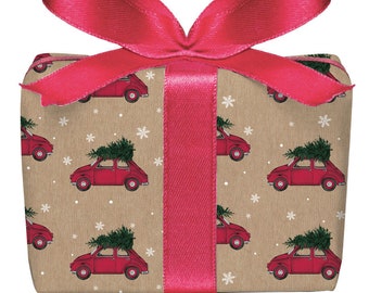 3 Bögen Geschenkpapier AUTO TANNENBAUM Kraftpapier Look Natur Weihnachten Weihnachtspapier Advent PEFC zertifiziertes Papier, 50 x 70 cm