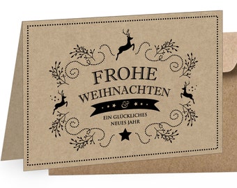 Grußkarte zu Weihnachten als Geschenk, Weihnachtsgrußkarte Klappkarte mit Umschlag Motiv: HIRSCH VINTAGE WEIHNACHTSKARTE