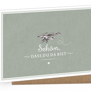 Baby Grußkarte karte zur Bekanntgabe einer Geburt als Geschenk, Babykarte A6 mit Umschlag Motiv:  FLIEGER Grün