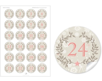 Weihnachtsaufkleber Adventskalenderzahlen zur Weihnachtsdekoration von Geschenken und Adventskalender 24 Sticker Motiv: Kranz Beige