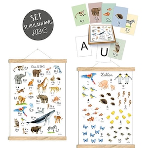 Set: ABC Poster + ZAHLENPOSTER + ALPHABET Karten zum Schulanfang ungerahmt Lernposter Kinderzimmer Tierposter Waldtiere Kindergarten
