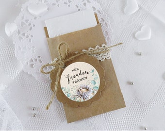 BAG SET 24 Stickers + 24 Flat Bags "Tears of Joy" Beige White Green Eucalyptus Dried Flowers Tissues Wedding Christening Party Favor