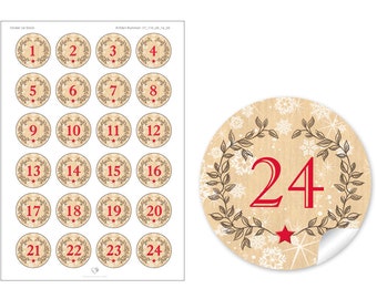 Weihnachtsaufkleber Adventskalenderzahlen zur Weihnachtsdekoration von Geschenken und Adventskalender 24 Sticker Motiv: Kranz Natur