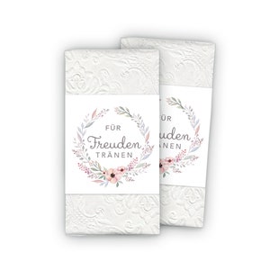 Freudentränen Taschentücher Banderole + Klebepunkte zum verschließen - Kranz pastell Blüten rosa weiß für Gastgeschenke Kirche Trauung