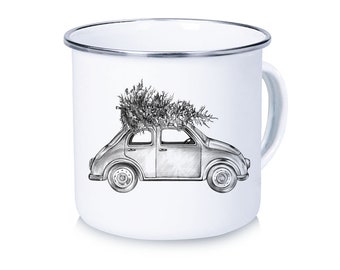 Emaille Tasse Kaffee Becher Campertasse AUTO TANNENBAUM schwarz weiß - Kinder Campingtasse Weihnachtsgeschenk Emaillebecher Vanlife