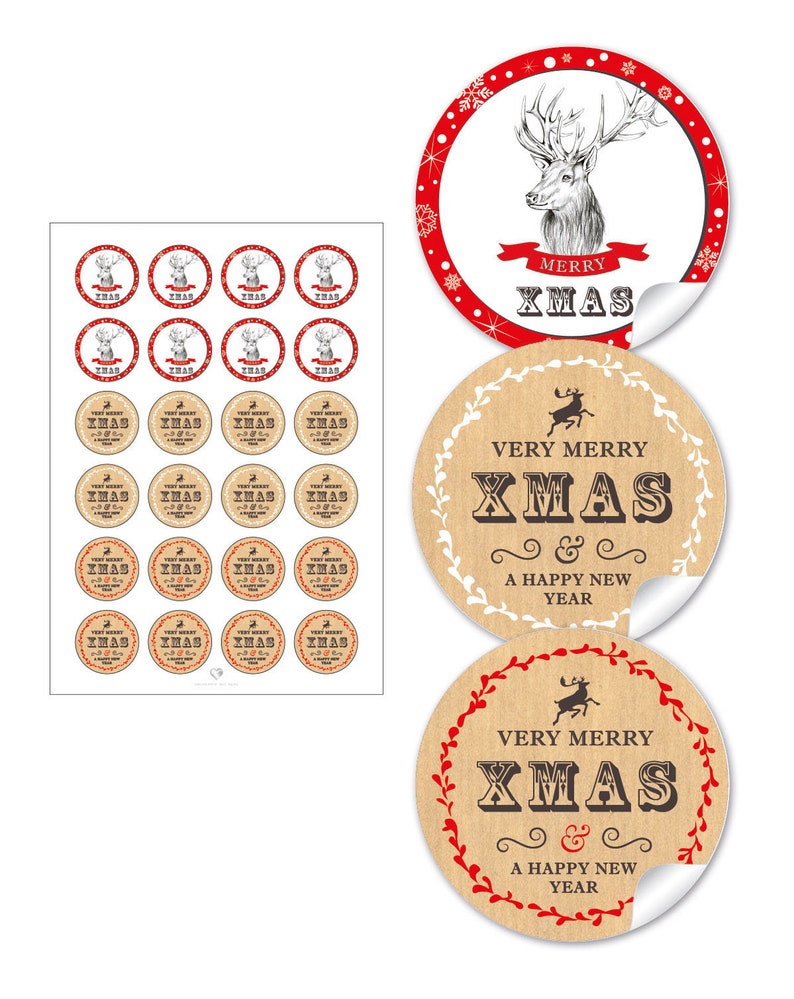 Weihnachtsaufkleber zur Weihnachtsdekoration von Geschenken, 24 Sticker HIRSCH Rot zu Weihnachten Bild 1