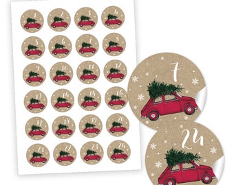Adventskalenderzahlen AUTO & TANNENBAUM rot grün Kraftpapier Look 1-24 Weihnachtsaufkleber für Adventskalender zur Weihnachtsdekoration