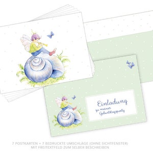 Postkarten Set zum Geburtstag als Glückwunschkarte oder Einladungskarte 6er Set mit Umschlag Motiv: Elfe auf Schnecke