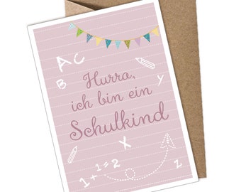 Postkarte + Umschlag Hurra, ich bin ein Schulkind ROSA Glückwunschkarte zum Schulanfang Schulkind