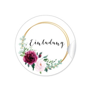 24 Aufkleber EINLADUNG Hochzeit Etiketten für Briefe Einladungskarten Taufe Eukalyptus Rose Greenery Ringe rot grün gold gelb Boho Style