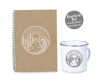 Gift set: travel diary + enamel cup mug VANLIFE sun sea wave forest DIY diary, photo book, notes + photos of your trip