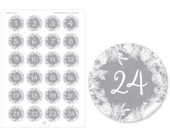 Weihnachtsaufkleber Adventskalenderzahlen zur Weihnachtsdekoration von Geschenken und Adventskalender 24 Sticker Motiv: Tannenzapfen Grau
