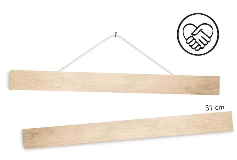 May include: Two wooden hanging shelves with a white string attached to a hook. The top shelf is 31 inches long.