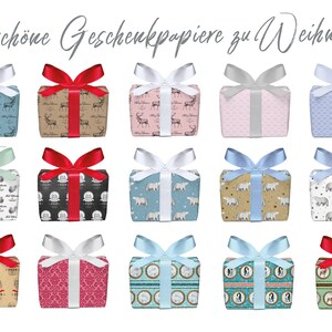 May include: A collection of 20 different Christmas gift wrapping paper designs. The papers feature various patterns, including reindeer, snowflakes, and geometric designs. The papers are all tied with white or red ribbons.