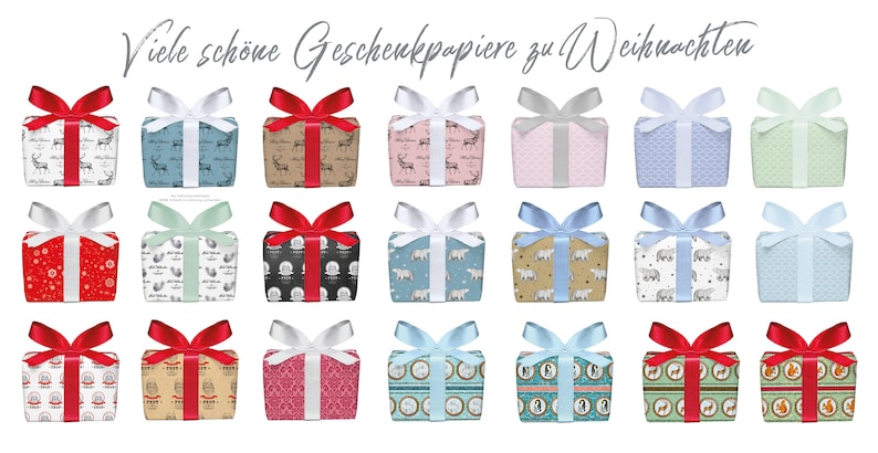 May include: A collection of 20 different Christmas gift wrapping paper designs. The papers feature various patterns, including reindeer, snowflakes, and geometric designs. The papers are all tied with white or red ribbons.