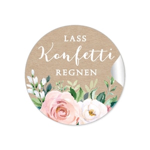 24 STICKER Geschenkaufkleber zur Hochzeit Lass Konfetti regnen -  Kraftpapier Look Rosen apricot weiß grün Eukalyptus