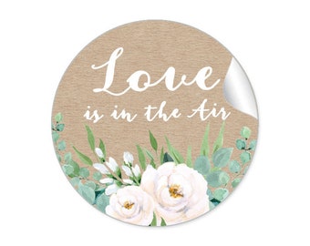 24 STICKER Wedding Gift Stickers "Love is in the Air" - Kraft Paper Look Roses White Green Eucalyptus