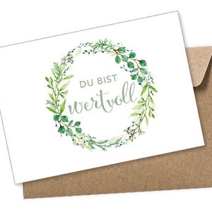Postkarte + Umschlag DU BIST WERTVOLL Kranz grün Glückwunschkarte zum Schulanfang, Geburtstag, Taufe, Konfirmation, Muttertag, Kommunion