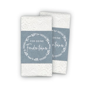 Freudentränen Taschentücher Banderole + Klebepunkte zum verschließen - Kranz weiß Kraftpapier Look BLAU für Gastgeschenke Kirche Trauung