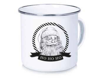 Emaille Tasse Kaffee Becher Campertasse WEIHNACHTSMANN Nikolausn Santa schwarz weiß Kinder Weihnachten Campingtasse Vanlife