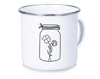 Enamel cup coffee mug camper cup JAM JAR camping black white illustration lucky clover Christmas gift vanlife
