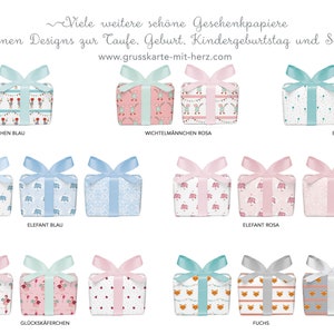 May include: A collection of 10 different gift wrap designs featuring various themes, including elves, elephants, foxes, and balloons. The designs are printed on white paper with colorful illustrations. The text on the image reads "Viele weitere sch&ouml;ne Geschenkpapiere mit verschiedenen Designs zur Taufe. Geburt. Kindergeburtstag und Schulanfang" and "www.grusskarte-mit-herz.com".