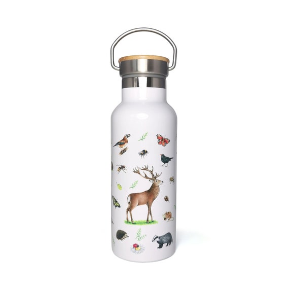 Isolierte Edelstahlflasche Bambusdeckel Kinder 500ml WALDTIERE - Einschulung Kindergeburtstag Waldkindergaten Waldorfschule Schule Schulkind
