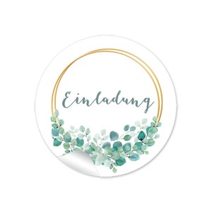 24 Aufkleber EINLADUNG Hochzeit Etiketten für Briefe Einladungskarten Taufe Eukalyptus Greenery Ringe weiß grün gold gelb Boho Style Zweige