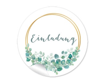 24 stickers INVITATION Wedding labels for letters invitation cards baptism eucalyptus greenery rings white green gold yellow boho style branches