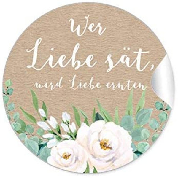 24 Geschenkaufkleber zur Hochzeit "Wer Liebe sät, wird Liebe ernten" Boho grün Kraftpapier Look rot Blütensamen Sticker DIY Tüten, Samen