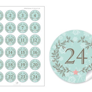 Christmas stickers Advent calendar numbers for Christmas decoration of gifts and Advent calendars 24 stickers Motif: Wreath Mint