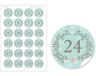 Weihnachtsaufkleber Adventskalenderzahlen zur Weihnachtsdekoration von Geschenken und Adventskalender 24 Sticker Motiv: Kranz Mint