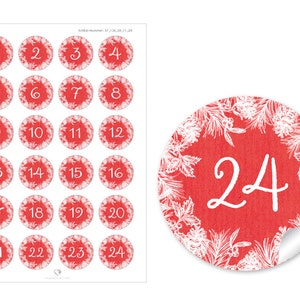 Christmas stickers Advent calendar numbers for Christmas decoration of gifts and Advent calendars 24 stickers motif: pine cones red