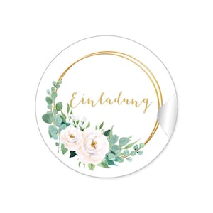 24 Aufkleber EINLADUNG Hochzeit Etiketten für Briefe Einladungskarten Taufe Eukalyptus Greenery Ringe weiß grün gold gelb Boho Style Zweige