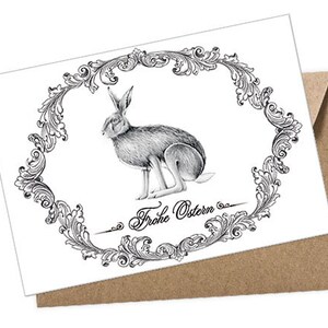 Osterkarte Feldhase / Osterhase Frohe Ostern schwarz weiß Ornamente A6