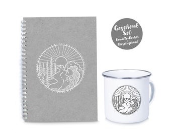 Gift Set: Travel Journal + Enamel Cup Mug VANLIFE Blue White Sun Sea Wave Forest DIY Diary, Photo Book, Notes, Travel