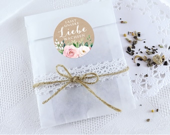 BAG SET Blossom Seeds: 24 Stickers Let Our Love Grow Eucalyptus Roses Kraft Paper Look White Pink Green + 24 Flat Bags • Wedding