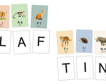 A6 Karten auf der Rückseite mit schwarzen Großbuchstaben Lernkarten Buchstaben Lernspiel Safari Zootiere Waldtiere Tiere 26 ABC Alphabet Karten in Weiß